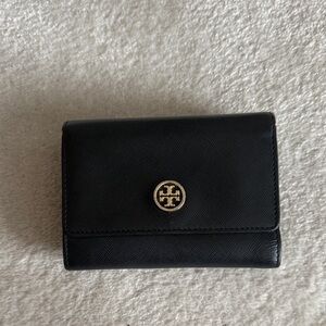 Tory Burch black trifold Saffiano leather wallet